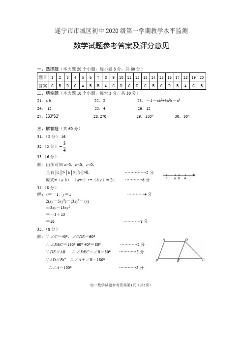 遂宁市市城区初中2020级第一学期教学水平监测数学(答案)