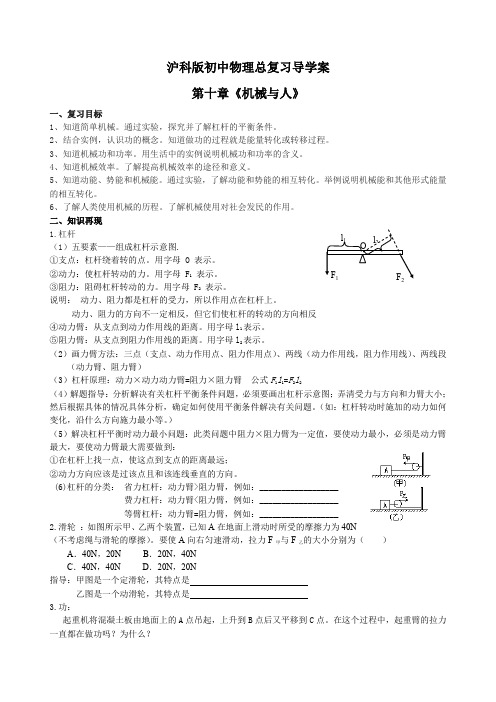 沪科版初中物理总复习导学案(第十章机械与人)