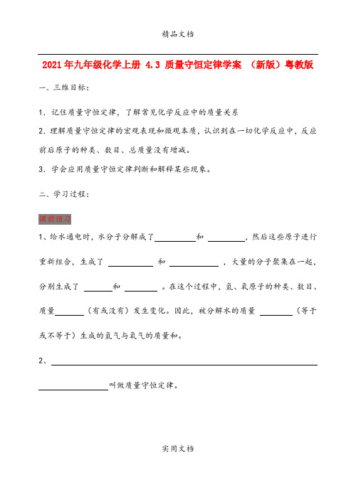 2021年九年级化学上册 4.3 质量守恒定律学案 (新版)粤教版