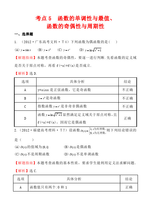 2012年高考数学试题分类考点5  函数的单调性与最值、函数的奇偶性与周期性