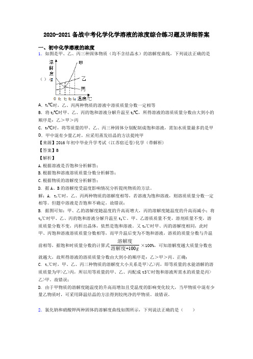 2020-2021备战中考化学化学溶液的浓度综合练习题及详细答案
