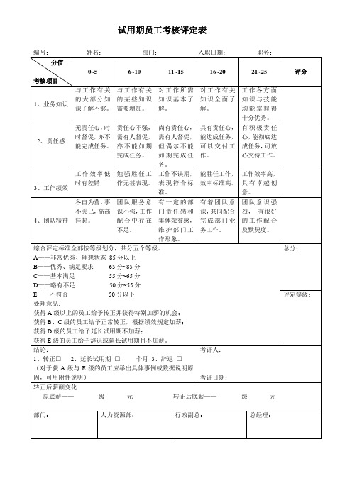 试用期员工考核评定表HR-05