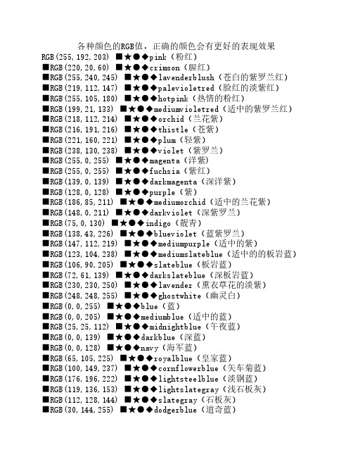 各种颜色的RGB值