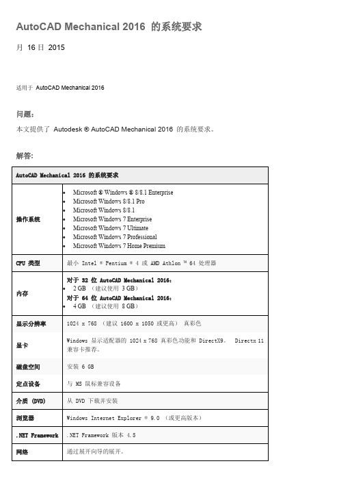 AutoCAD Mechanical2016配置要求