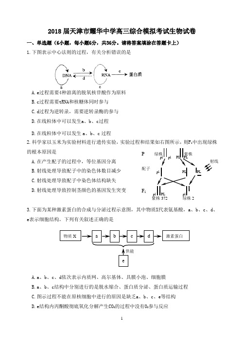 2018届天津市耀华中学高三综合模拟考试生物试卷