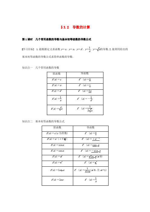 高中数学 第三章 导数及其应用 3.2 导数的计算 第1课时 几个常用函数的导数与基本初等函数的导数