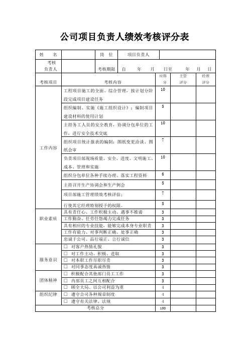 公司项目负责人绩效考核评分表