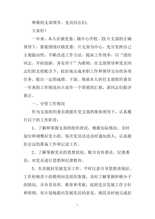 党支部组织委员《述职述绩述廉》工作报告