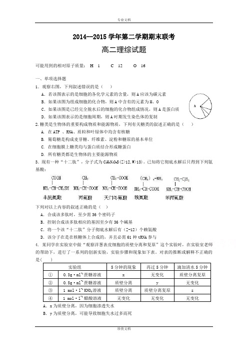 贵州省遵义航天高级中学2014-2015学年高二下学期期末考试理科综合试题 Word版含答案[ 高考]