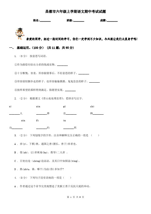 昌都市六年级上学期语文期中考试试题