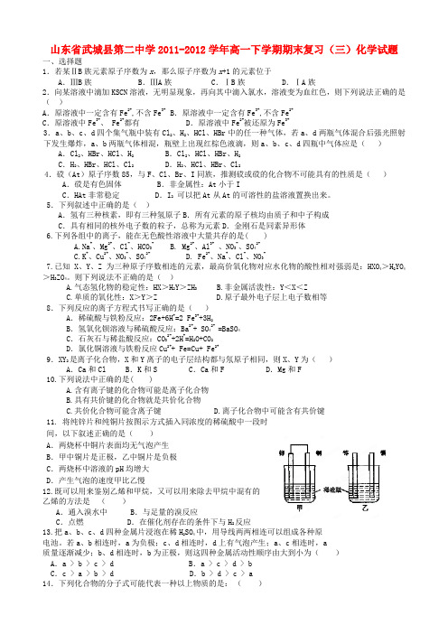 山东省武城县第二中学高一下学期期末复习(三)化学试题
