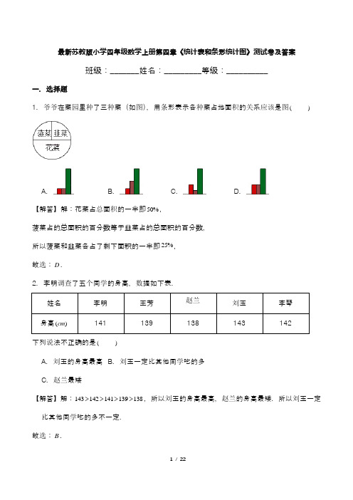 最新苏教版小学四年级数学上册第四章《统计表和条形统计图》测试卷及答案