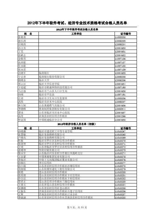 山东2012年经济师合格人员