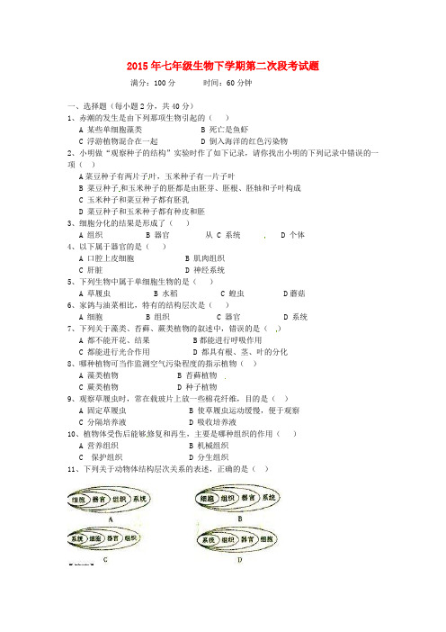 湖南省耒阳市冠湘中学七年级生物上学期第二次段考试题 新人教版