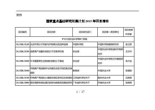 国家重点基础研究发展计划2015年项目清单