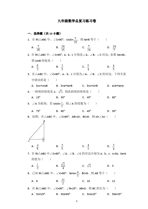 (word完整版)九年级数学总复习试卷及参考答案