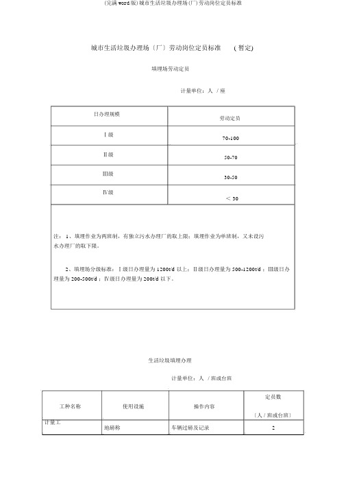 (完整word版)城市生活垃圾处理场(厂)劳动岗位定员标准