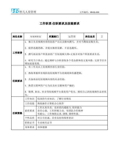 短视频策划工作职责和任职要求模板