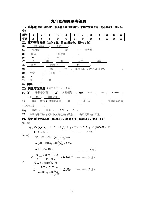 2011_2012九年级物理期中参考答案