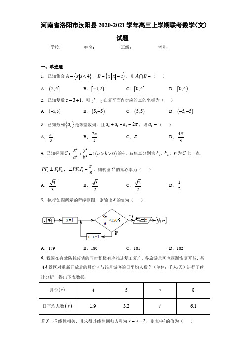 河南省洛阳市汝阳县2020-2021学年高三上学期联考数学(文)试题