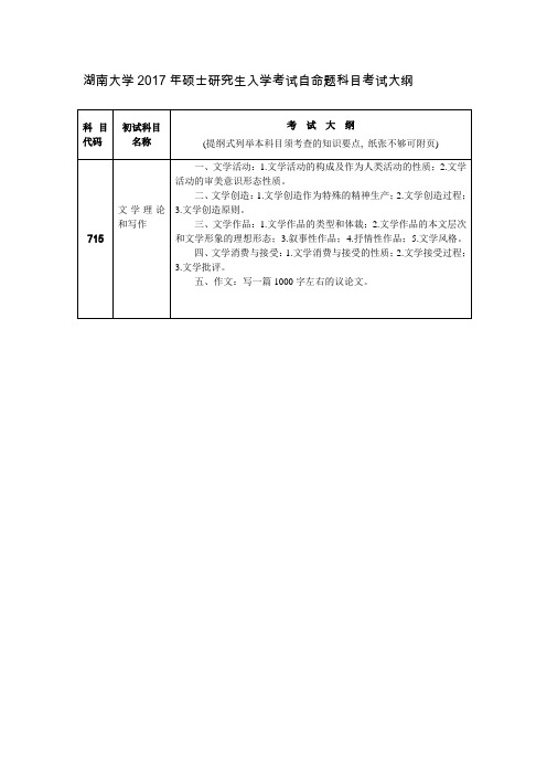 湖南大学2017年硕士研究生入学考试自命题科目考试大纲