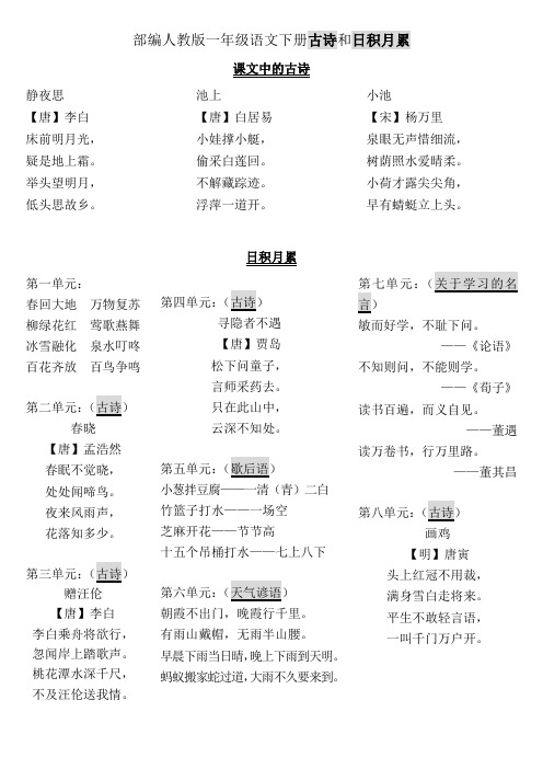 部编人教版一年级语文下册古诗和日积月累(已排版)