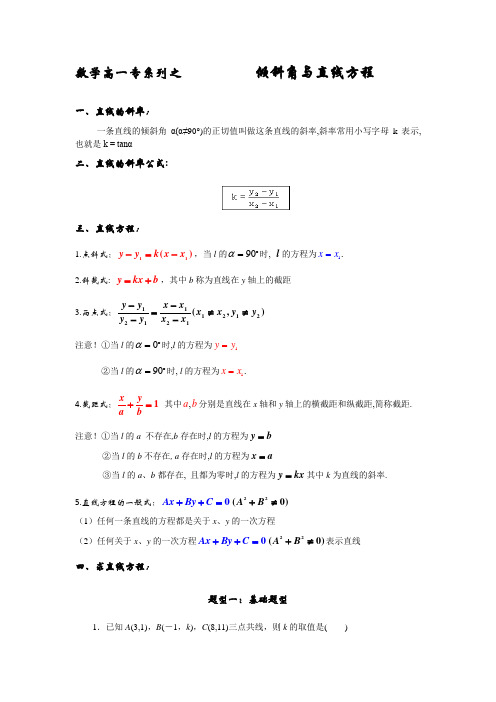 数学高一专题      倾斜角与直线方程