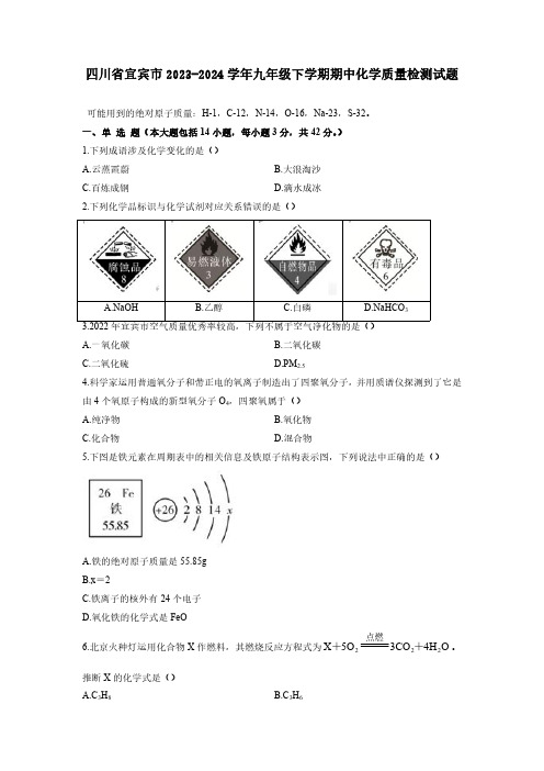 四川省宜宾市2023-2024学年九年级下学期期中化学质量检测试题(含答案)