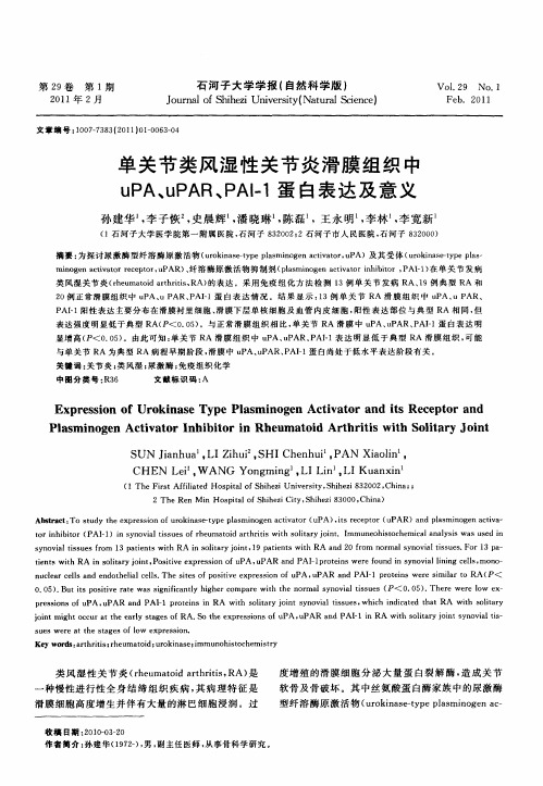单关节类风湿性关节炎滑膜组织中uPA、uPAR、PAI-1蛋白表达及意义