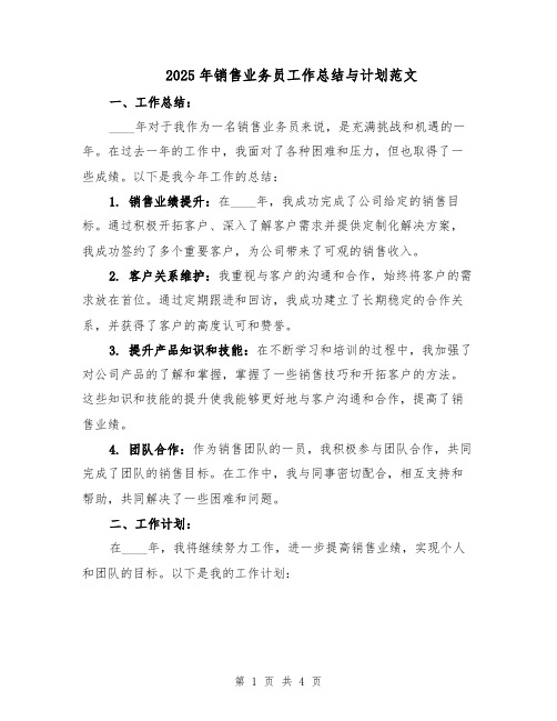 2025年销售业务员工作总结与计划范文（二篇）