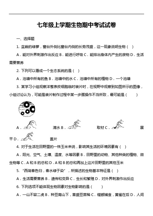 七年级上学期生物期中考试试卷第12套真题)