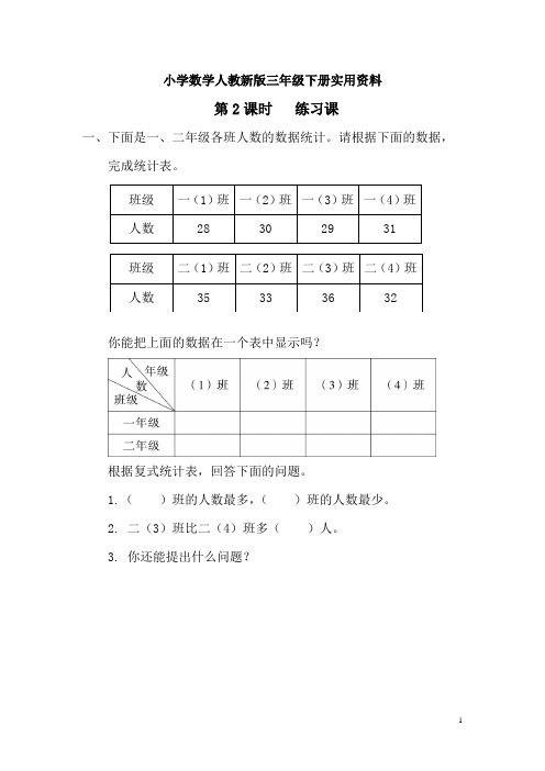小学数学人教新版三年级下册第3单元   复式统计表第2课时   练习课
