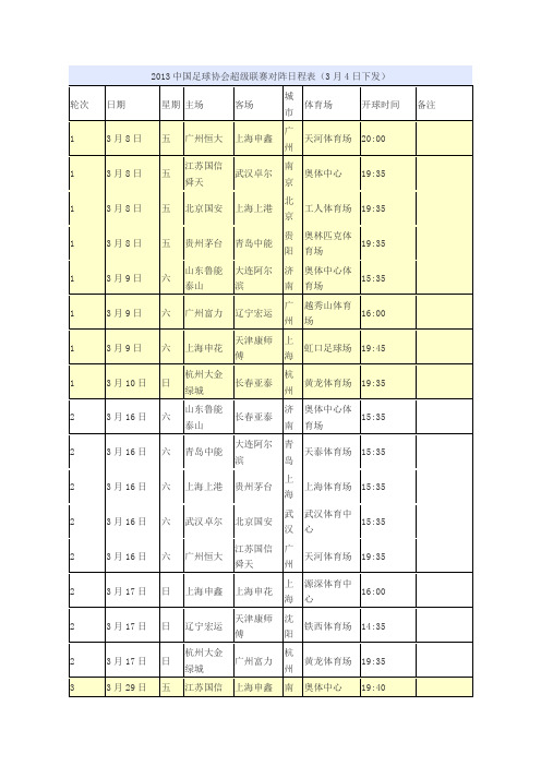 2013中国足球协会超级联赛日程表
