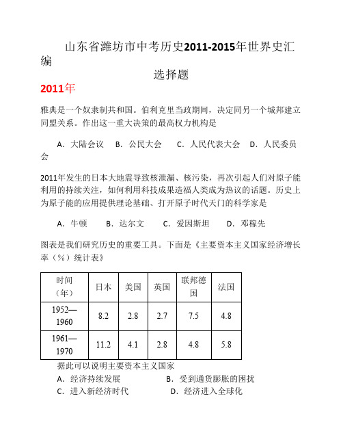 山东省潍坊市中考历史2011-2015年世界史试题汇编