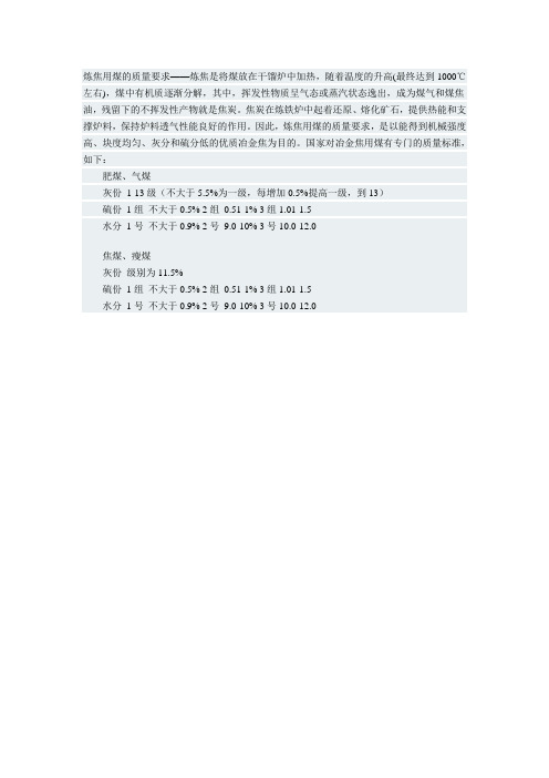炼焦用煤的质量要求