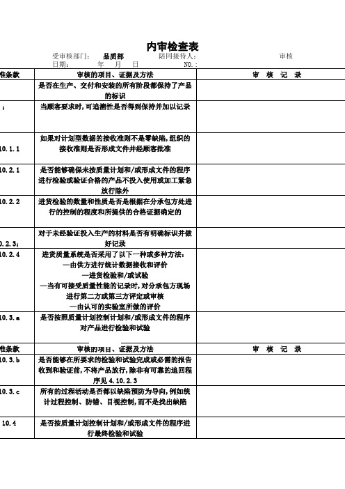 品质部内审检查表