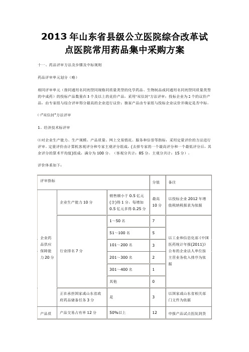 2013年山东省县级公立医院综合改革试点医院常用药品集中采购方案