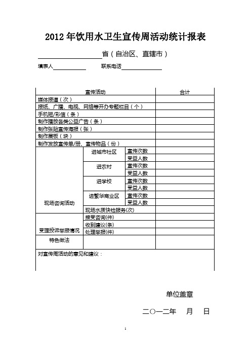 2012年饮用水卫生宣传周活动统计报表