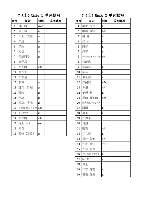 牛津译林版七年级英语上册1-8单元单词默写表