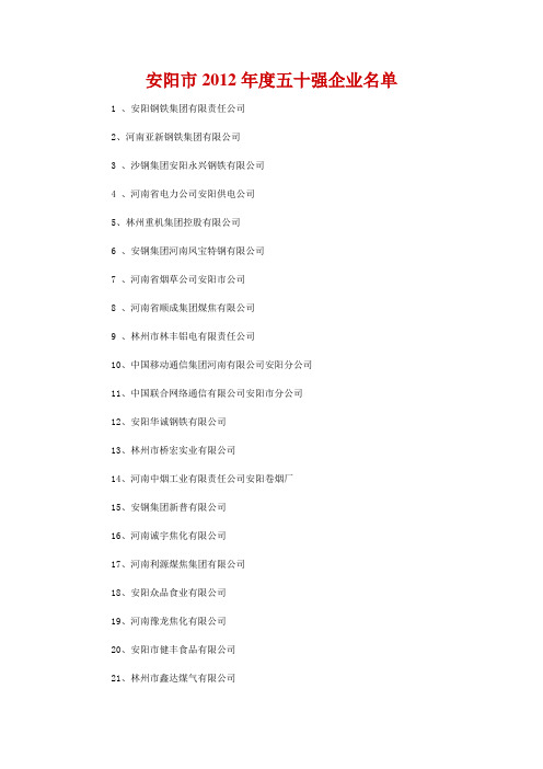 安阳市2012年度五十强企业名单