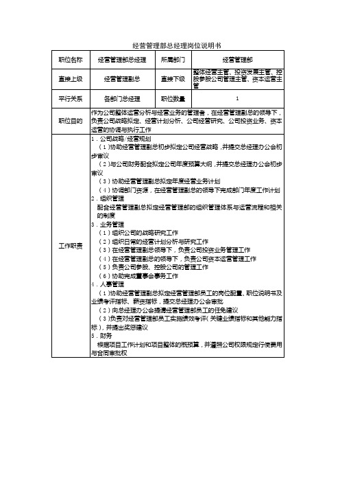经营管理部总经理岗位说明书