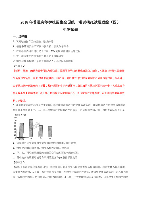 【全国校级联考】【衡水金卷】2018年普通高等学校招生全国统一考试模拟试题理综(四)生物试题(解析版)