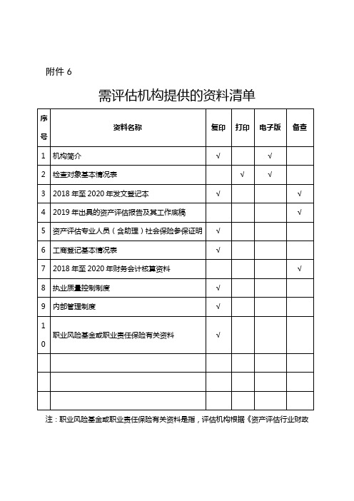 需评估机构提供的资料清单