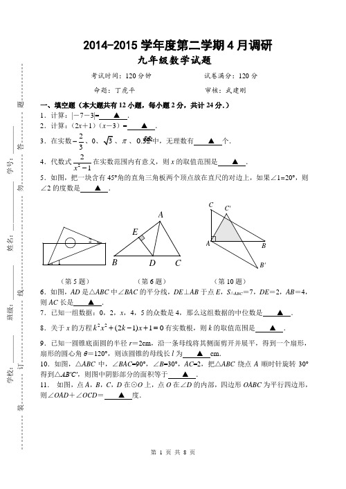 2015年4月九年级数学月考试卷