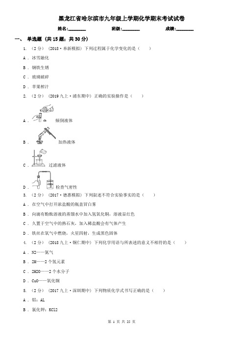 黑龙江省哈尔滨市九年级上学期化学期末考试试卷