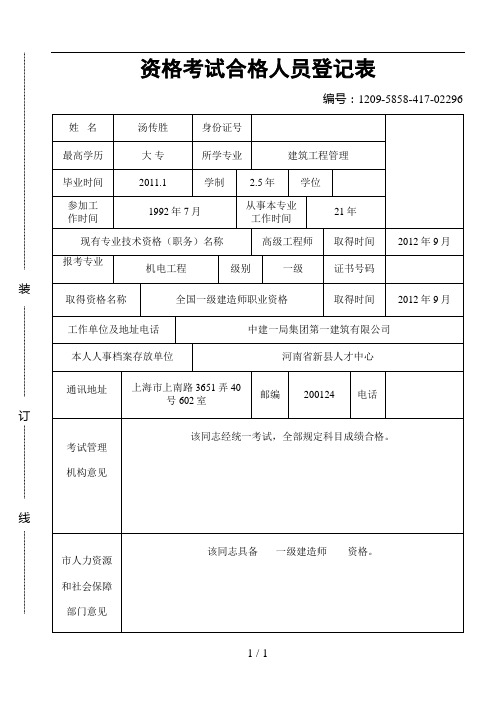 一级建造师考试合格人员登记表-样板