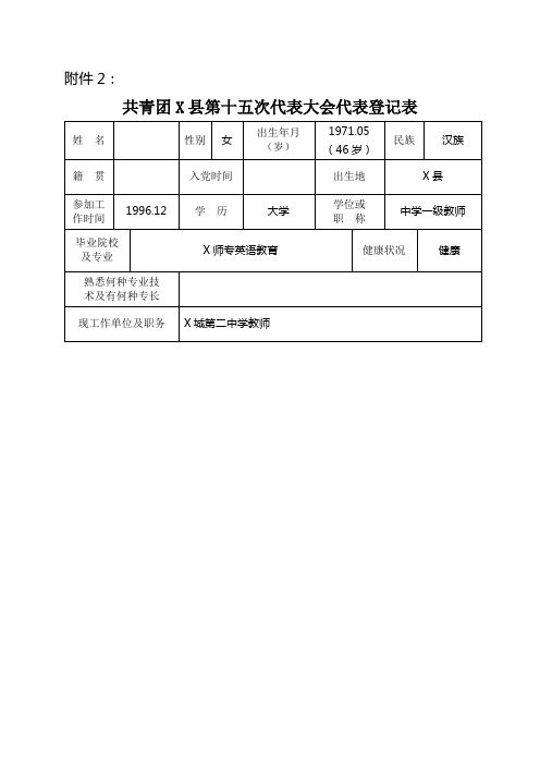 共青团X县第十五次代表大会代表登记表2