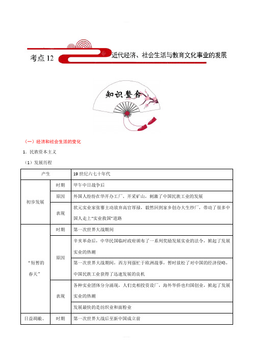 2020年中考历史考点12：近代经济、社会生活与教育文化事业的发展(含答案解析)
