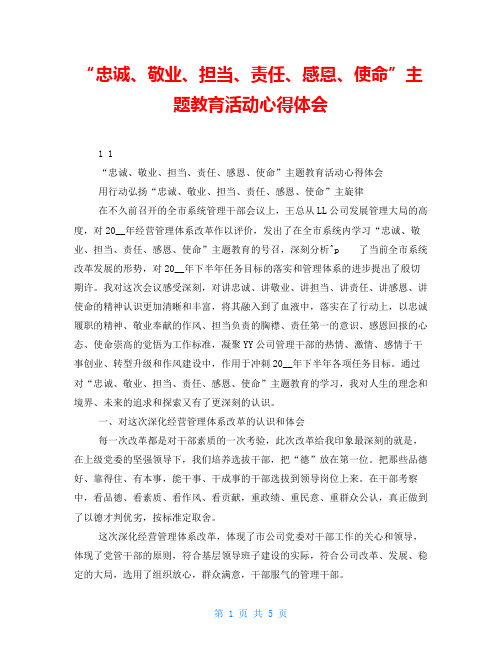 “忠诚、敬业、担当、责任、感恩、使命”主题教育活动心得体会