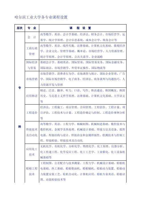 哈尔滨工业大学各专业课程设置